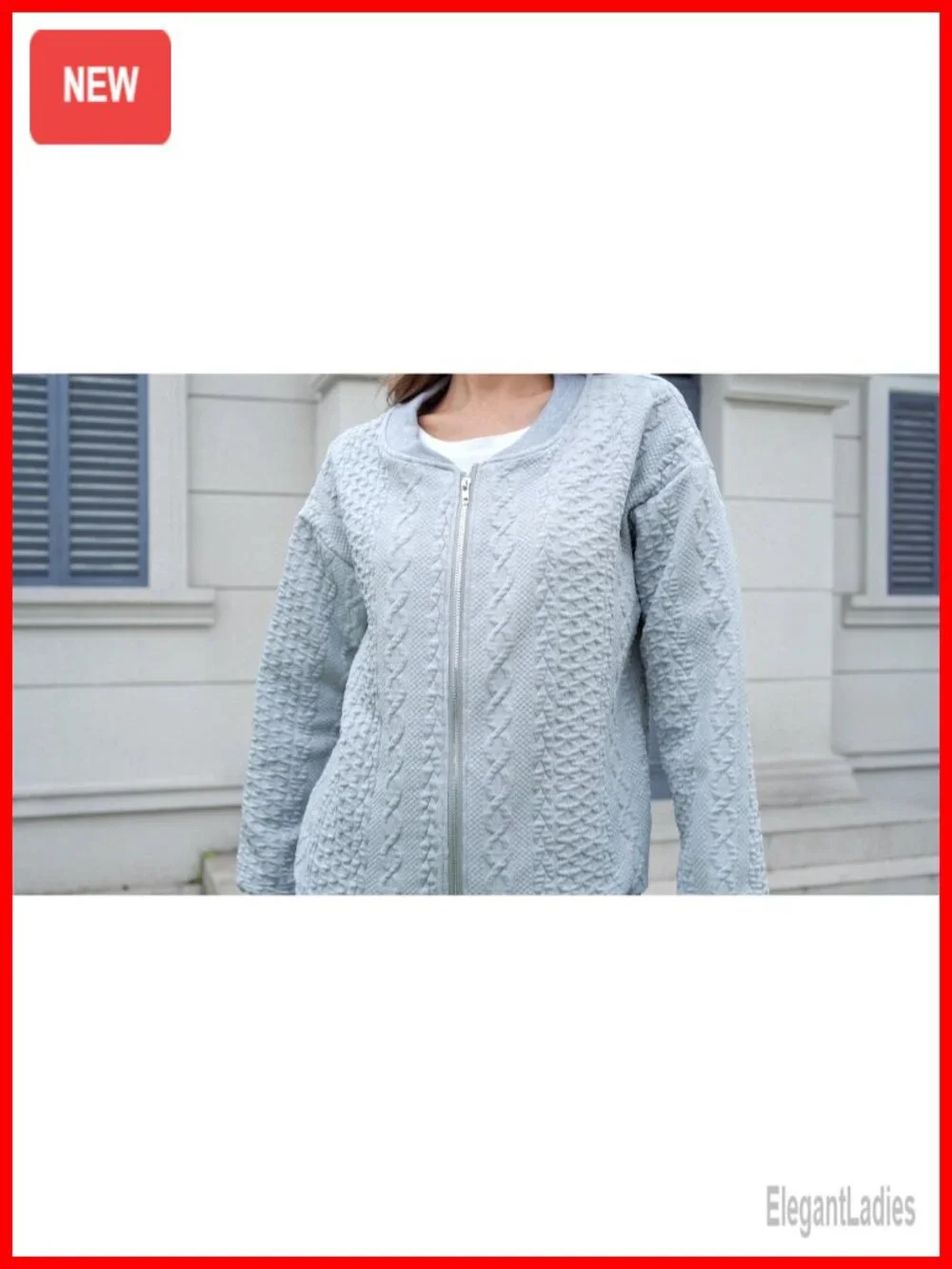 Zip Up Cardigan Sweater Cable Knit Long Sleeve Crewneck Coat Women